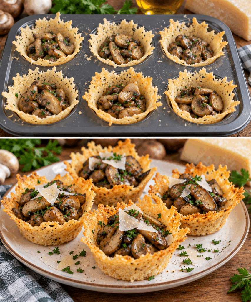 Cestini Croccanti di Parmigiano con Funghi Trifolati – Emilia-Romagna