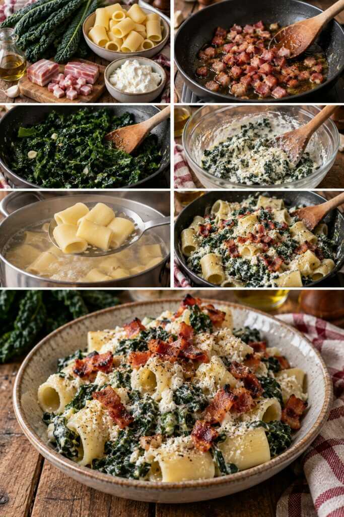 Mezzi Paccheri con Cavolo Nero, Ricotta e Pancetta Croccante – Toscana