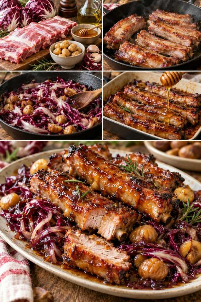 Costine di Maiale Glassate al Miele con Radicchio Rosso e Castagne