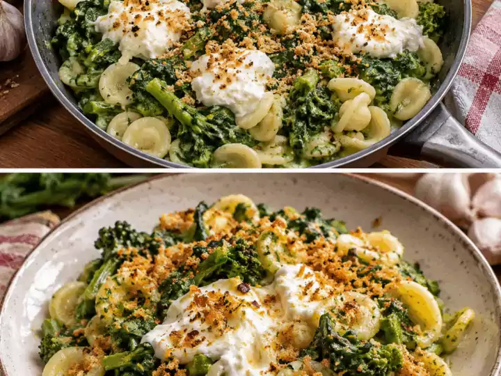 Orecchiette con Crema di Cime di Rapa, Burrata e Pangrattato Croccante – Puglia