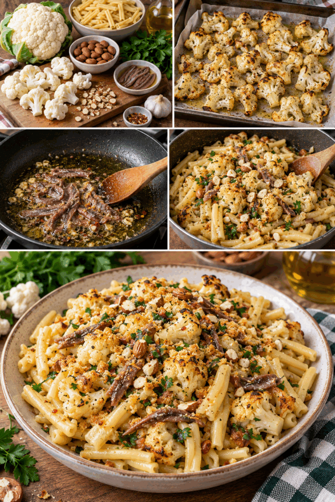 Casarecce con Cavolfiore Arrosto, Acciughe e Mandorle – Sicilia