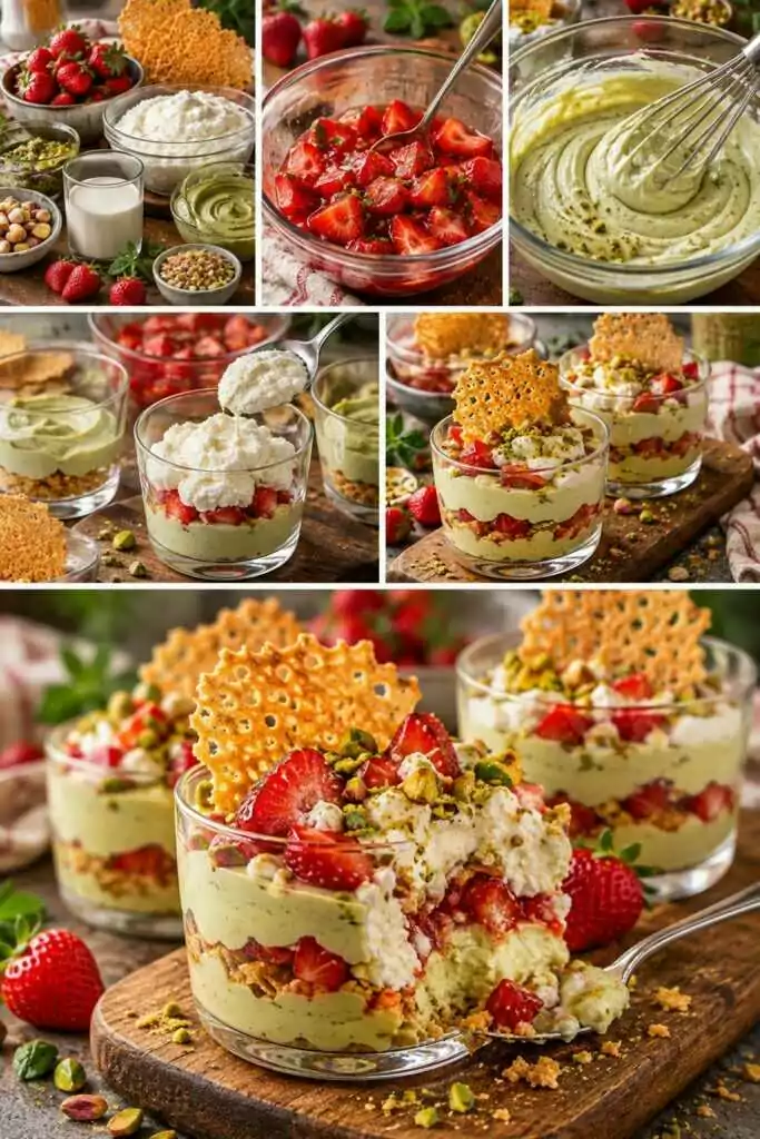 Crema Fredda al Pistacchio con Fragole Marinate, Ricotta e Cialda Croccante