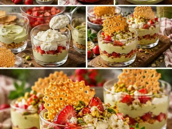 Crema Fredda al Pistacchio con Fragole Marinate, Ricotta e Cialda Croccante