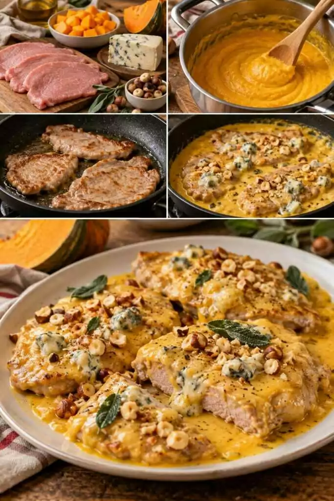 Scaloppine di Vitello con Crema di Zucca, Gorgonzola e Nocciole Tostate