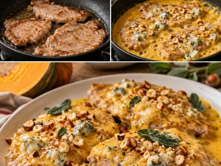Scaloppine di Vitello con Crema di Zucca, Gorgonzola e Nocciole Tostate