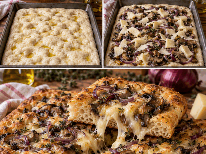 Focaccia con Funghi, Caciocavallo, Cipolla Rossa e Timo – Calabria