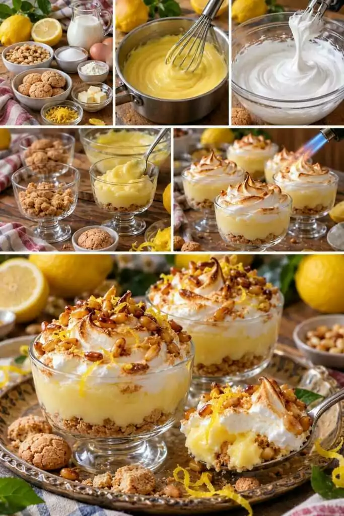 Coppa Cremosa al Limone con Meringa, Pinoli Caramellati e Biscotti alle Mandorle