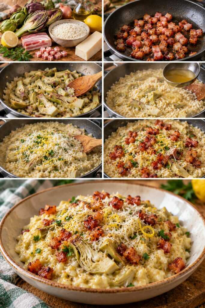 Risotto ai Carciofi con Pecorino Romano, Guanciale Croccante e Limone
