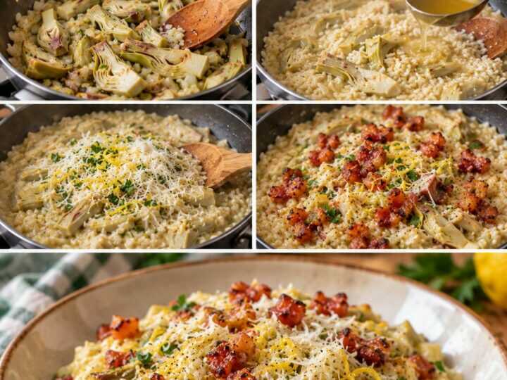 Risotto ai Carciofi con Pecorino Romano, Guanciale Croccante e Limone