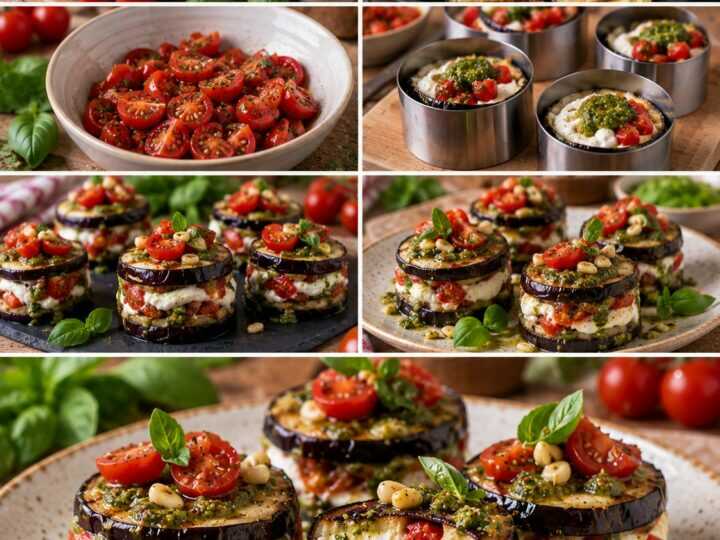 Tortini Freddi di Melanzane con Burrata, Pomodorini e Pesto – Puglia