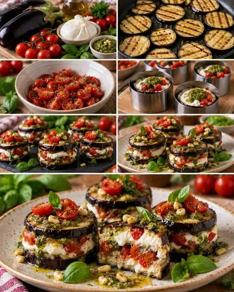 Tortini Freddi di Melanzane con Burrata, Pomodorini e Pesto – Puglia