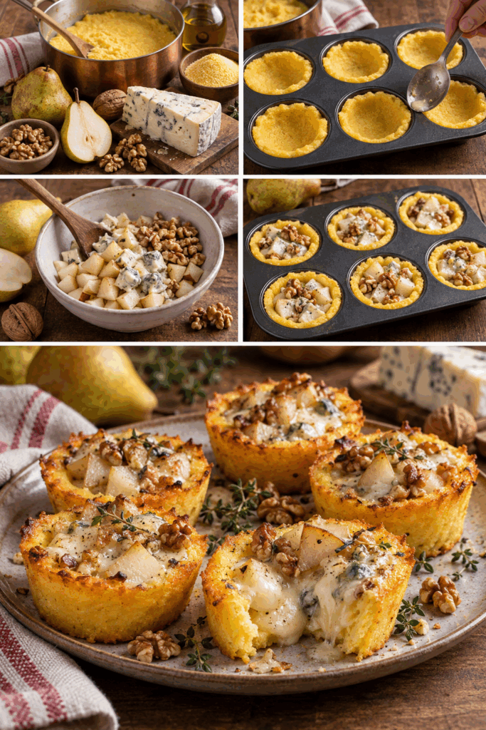 Cestini Caldi di Polenta con Gorgonzola, Pere e Noci – Piemonte