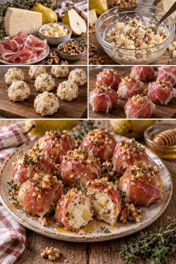 Bocconcini di Pecorino con Pere, Prosciutto Crudo e Noci – Toscana