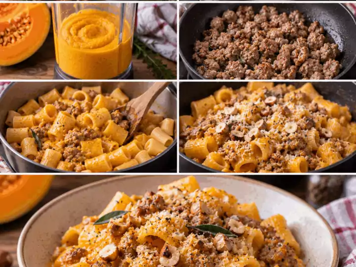 Mezze Maniche con Crema di Zucca, Salsiccia e Nocciole Tostate – Lombardia
