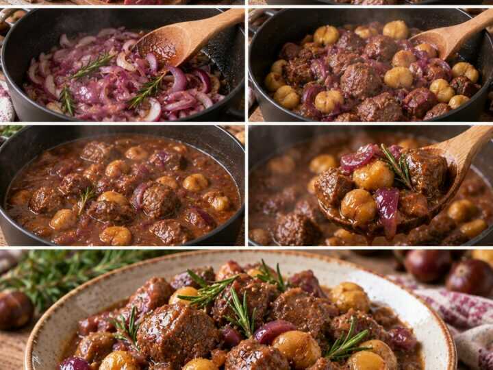 Spezzatino di Manzo con Castagne, Cipolle Rosse e Rosmarino – Piemonte