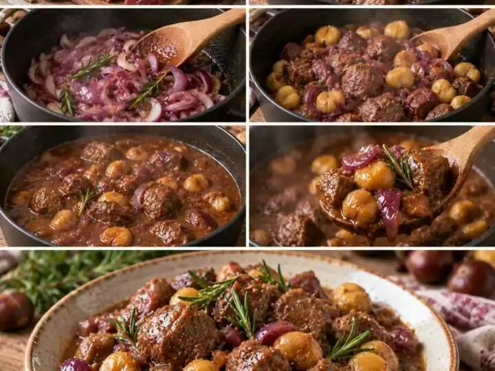Spezzatino di Manzo con Castagne, Cipolle Rosse e Rosmarino – Piemonte