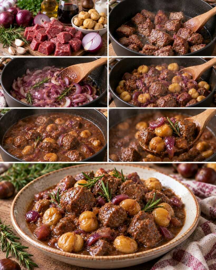 Spezzatino di Manzo con Castagne, Cipolle Rosse e Rosmarino – Piemonte