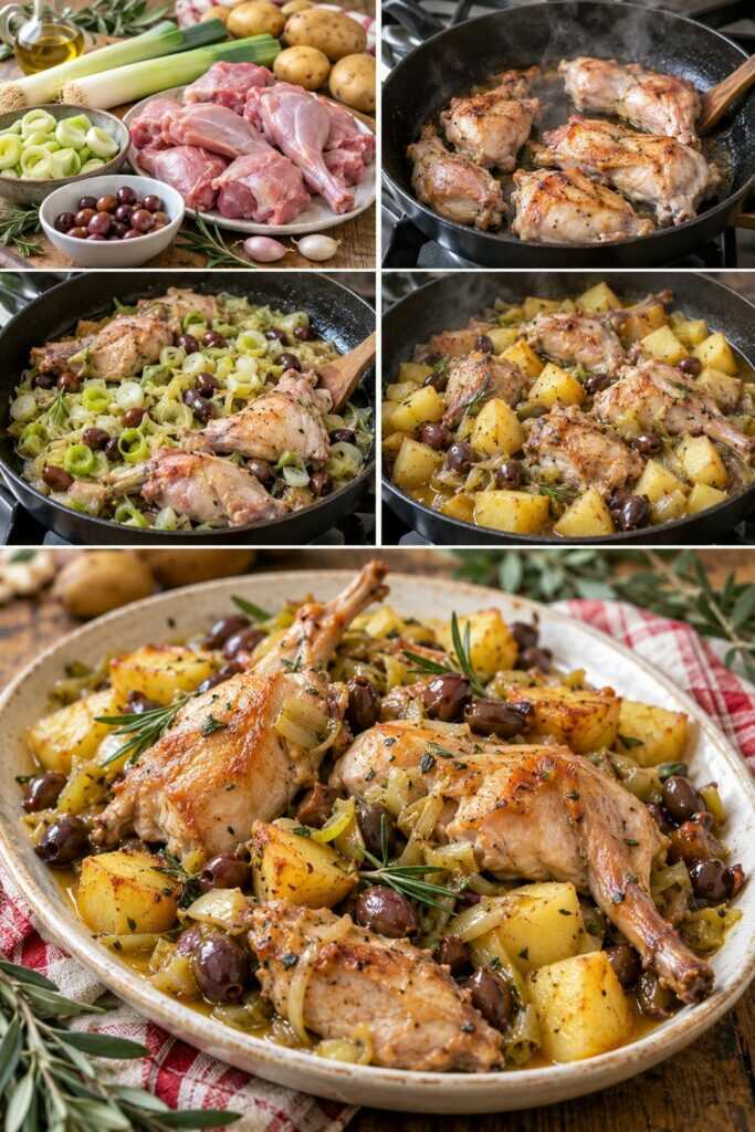 Coniglio in Padella con Porri, Olive Taggiasche e Patate Dorate