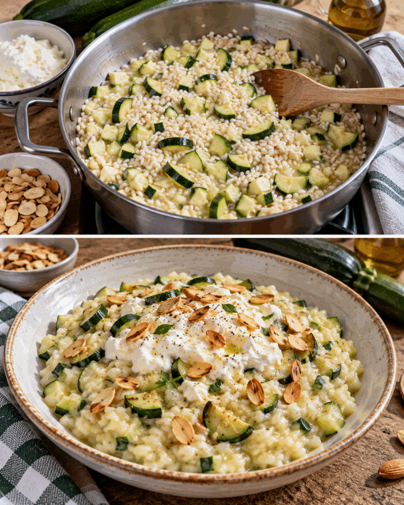 Risotto con Zucchine, Stracciatella e Mandorle Tostate – Puglia