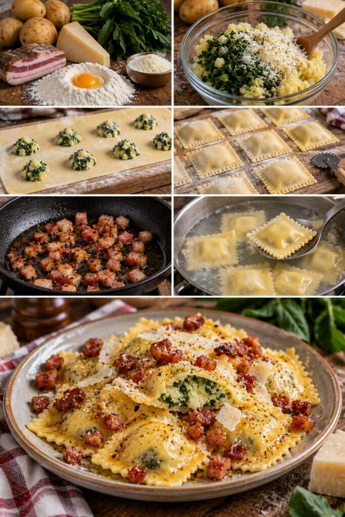 Ravioli di Patate con Pecorino, Cicoria e Guanciale Croccante