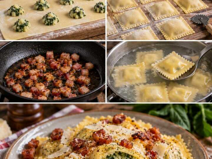 Ravioli di Patate con Pecorino, Cicoria e Guanciale Croccante