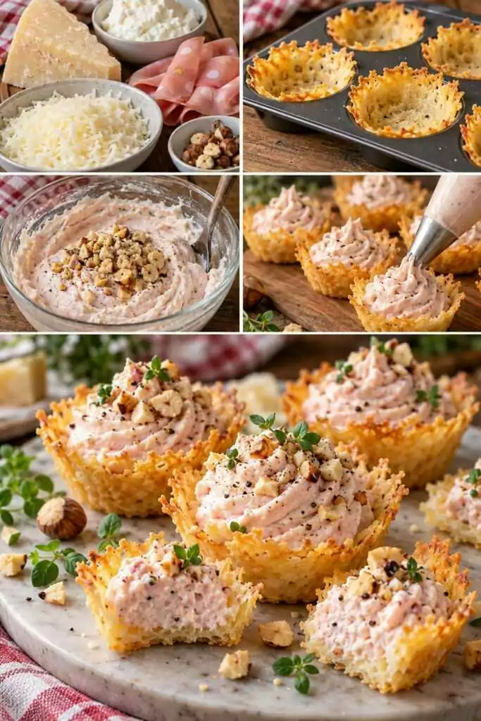Tartellette Fredde di Parmigiano con Mousse di Mortadella, Ricotta e Nocciole