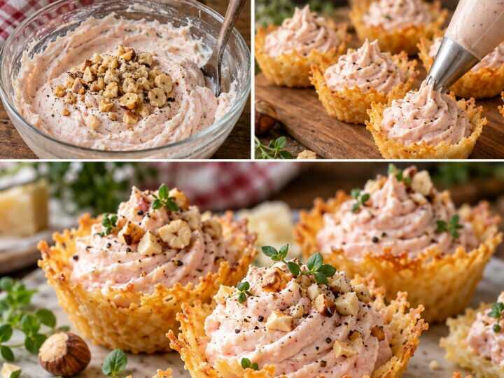Tartellette Fredde di Parmigiano con Mousse di Mortadella, Ricotta e Nocciole