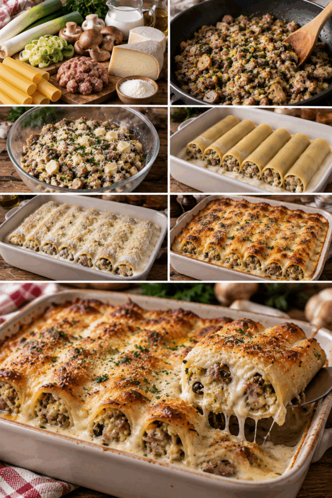 Cannelloni con Porri, Salsiccia, Toma e Funghi – Piemonte