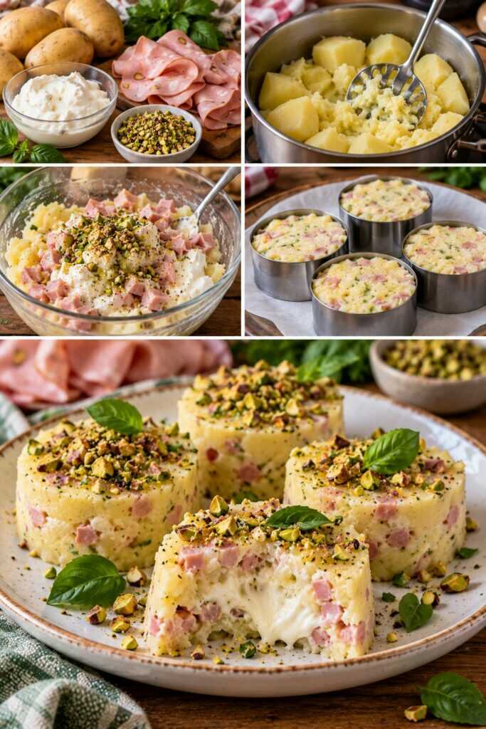 Tortini Freddi di Patate con Mortadella, Squacquerone e Pistacchi – Emilia-Romagna