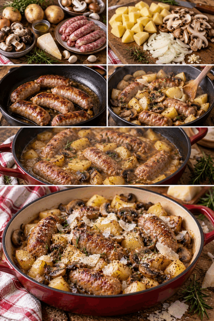 Salsicce in Tegame con Funghi, Patate e Pecorino – Toscana