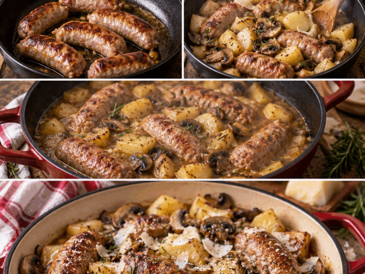 Salsicce in Tegame con Funghi, Patate e Pecorino – Toscana