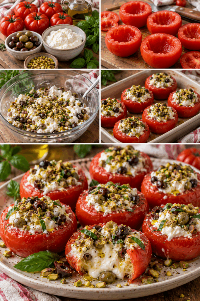 Cestini di Pomodoro con Stracciatella, Olive e Pistacchi – Puglia