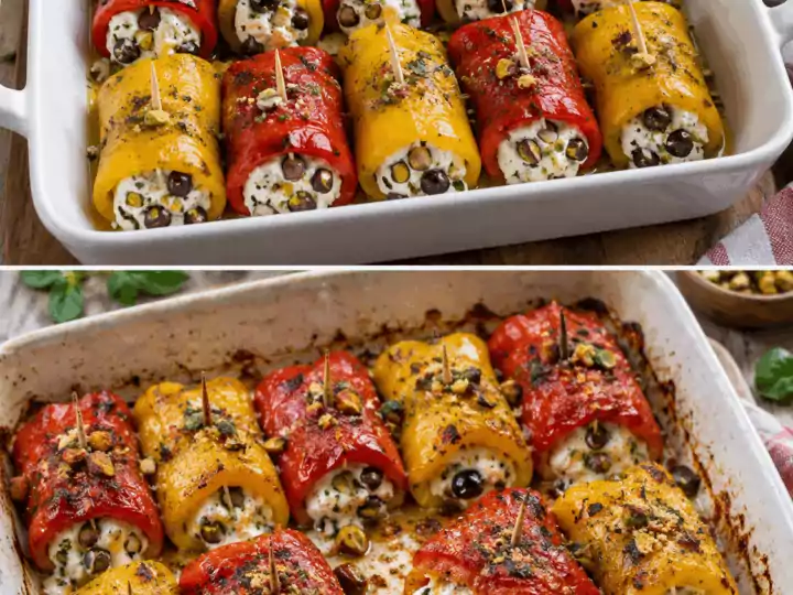 Involtini di Peperoni Arrostiti con Robiola, Olive e Pistacchi – Sicilia