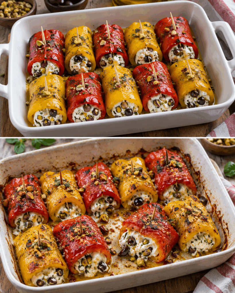 Involtini di Peperoni Arrostiti con Robiola, Olive e Pistacchi – Sicilia