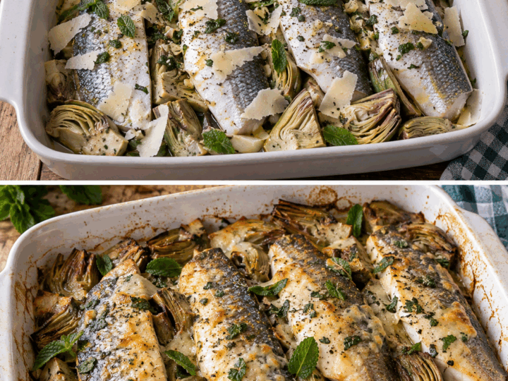 Filetti di Spigola con Carciofi, Pecorino e Mentuccia – Lazio