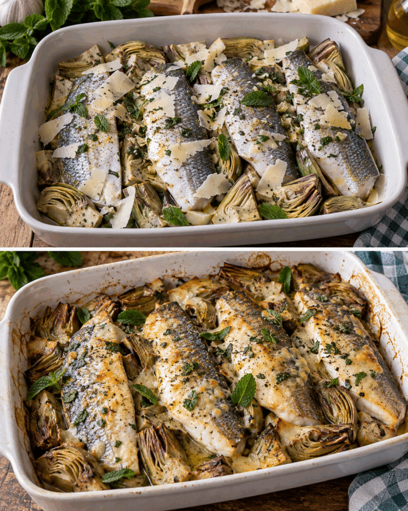 Filetti di Spigola con Carciofi, Pecorino e Mentuccia – Lazio