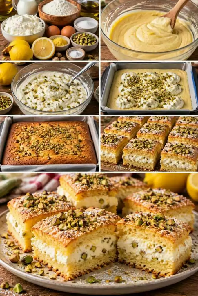 Quadrotti Soffici al Limone con Crema di Ricotta e Pistacchi – Puglia