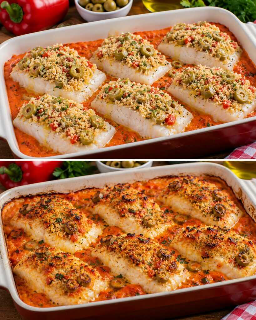 Merluzzo Gratinato con Crema di Peperoni Rossi e Olive Verdi