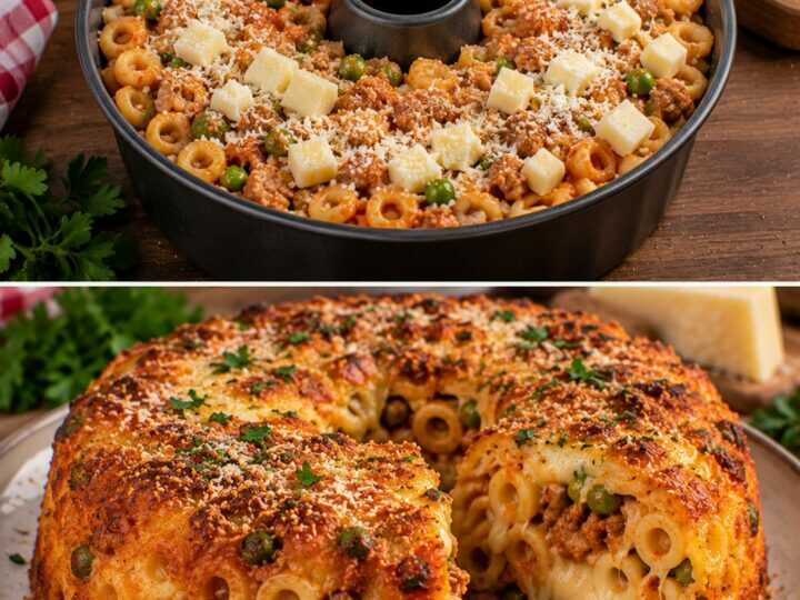 Timballo di Anelletti con Ragù di Salsiccia, Piselli e Caciocavallo