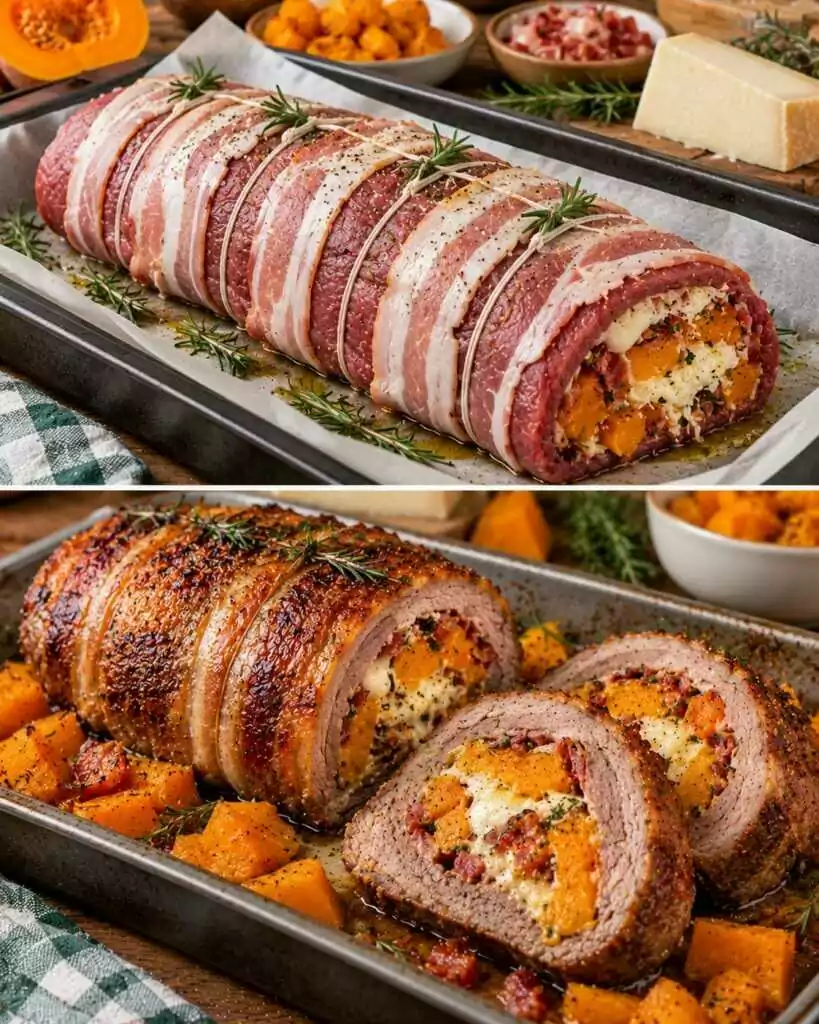 Rotolo di Manzo con Zucca Arrosto, Pecorino e Pancetta Croccante