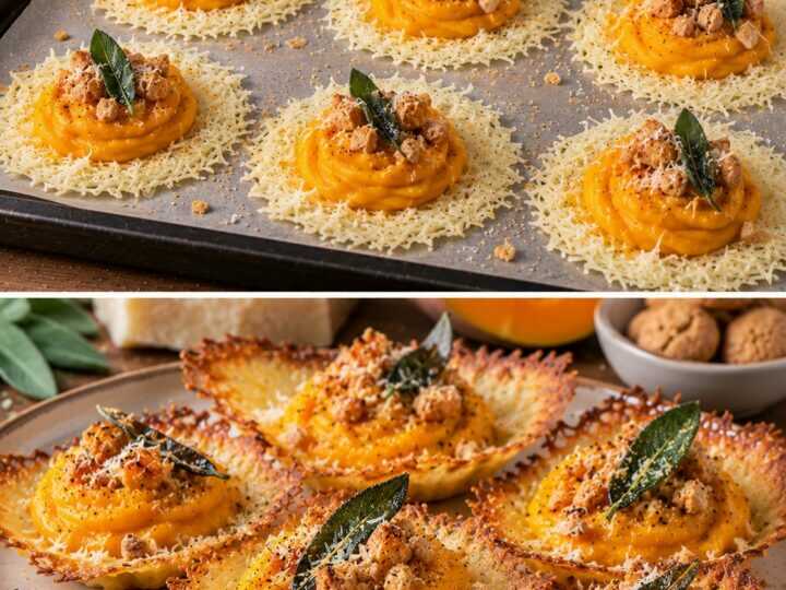Cialdine di Pecorino con Crema di Zucca, Amaretti e Salvia