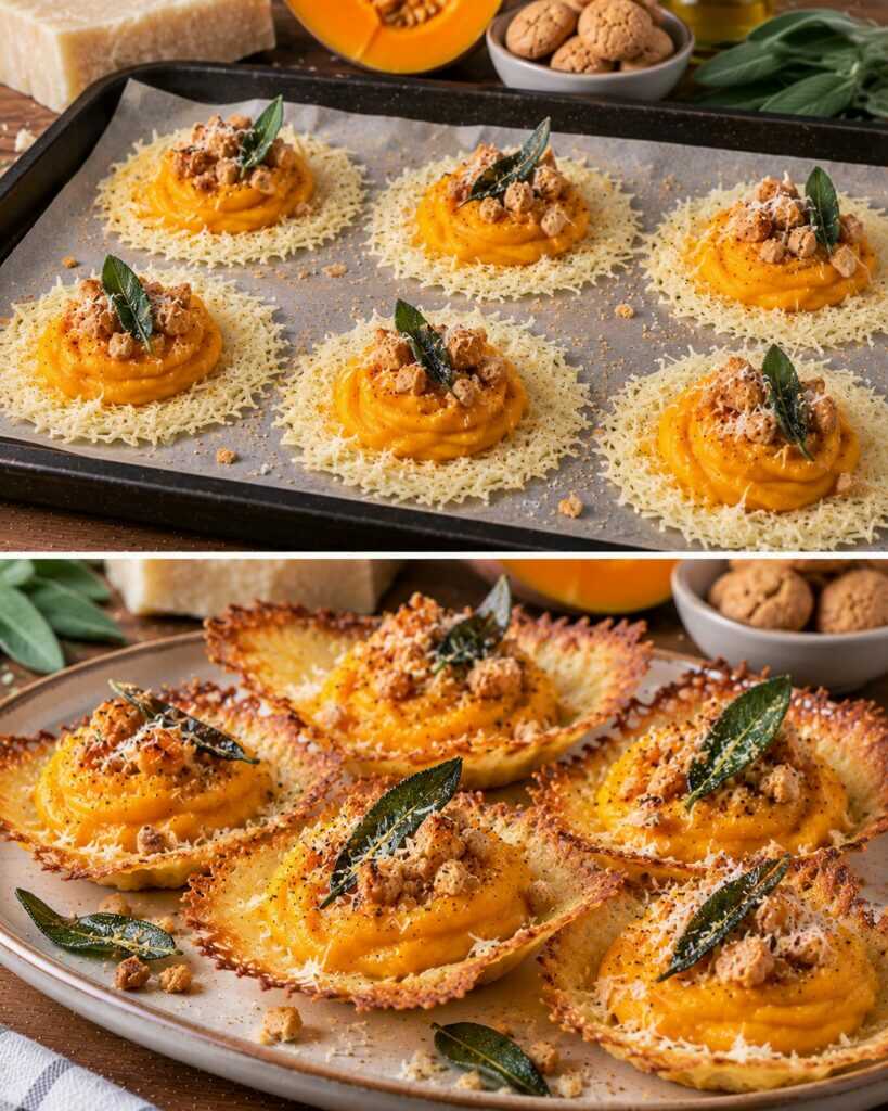 Cialdine di Pecorino con Crema di Zucca, Amaretti e Salvia