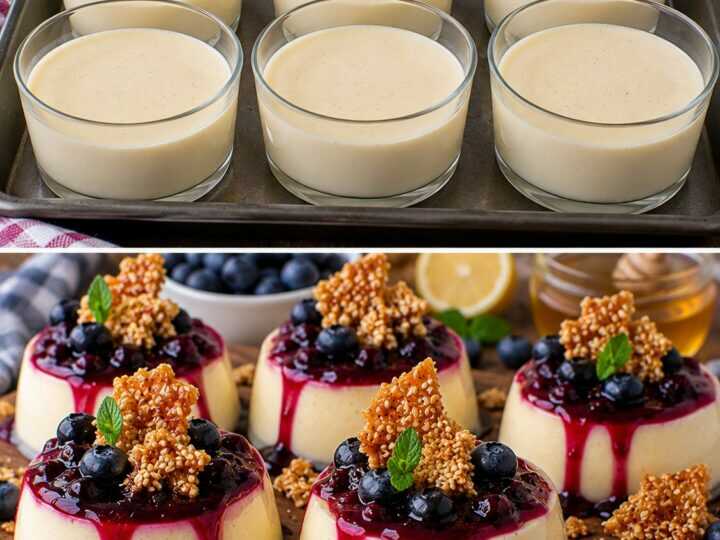 Panna Cotta al Miele con Salsa di Mirtilli e Croccante di Sesamo