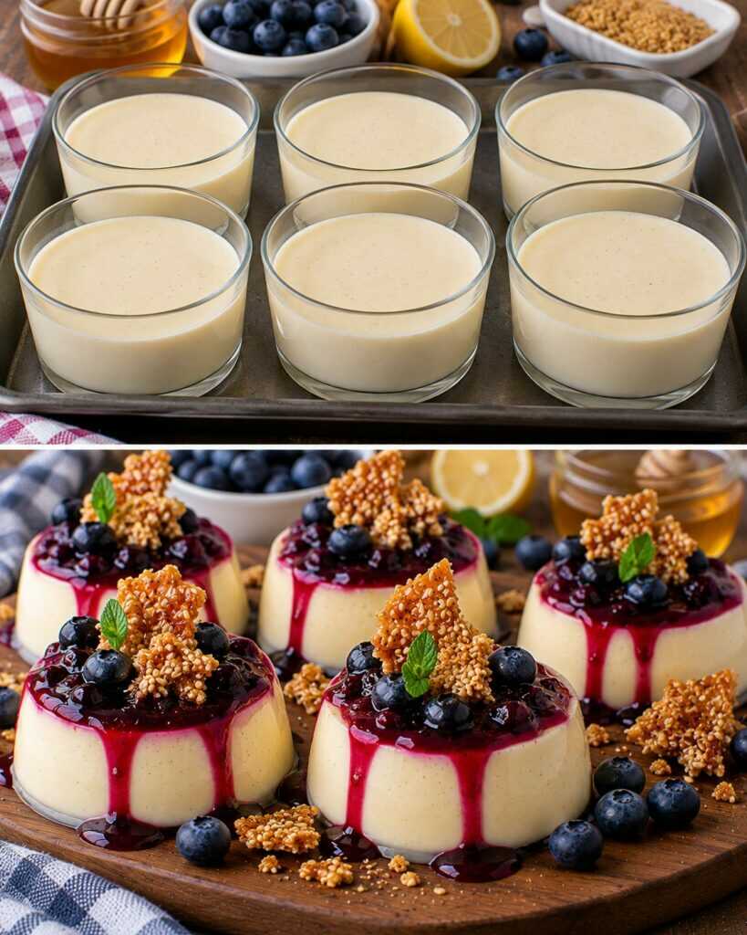 Panna Cotta al Miele con Salsa di Mirtilli e Croccante di Sesamo