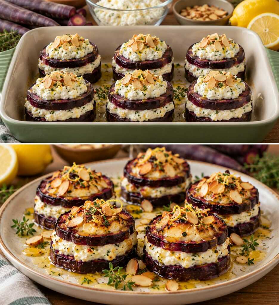 Carote Viola a Torretta con Ricotta al Limone e Mandorle Tostate