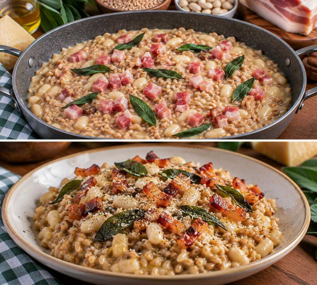 Farro Risottato con Crema di Fagioli Zolfini, Guanciale e Salvia