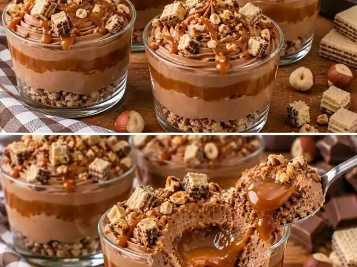 Coppe di Crema al Gianduia con Cuore di Caramello e Granella di Wafer