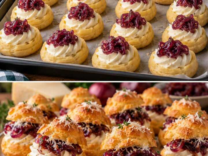 Bignè Salati con Mousse di Parmigiano e Crema di Cipolle Rosse