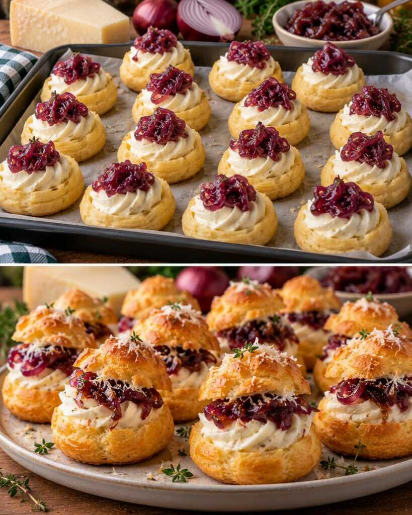 Bignè Salati con Mousse di Parmigiano e Crema di Cipolle Rosse