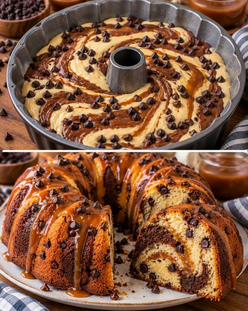 Ciambellone Variegato al Caramello con Gocce di Cioccolato
